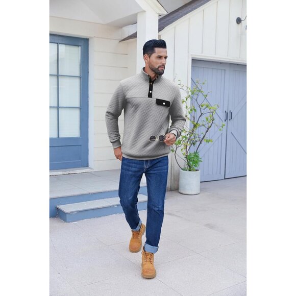 Men's Sweatshirt Quarter Button Pullover Sweatshirt Stand Collar Polo Light Grey - Picture 3 of 5